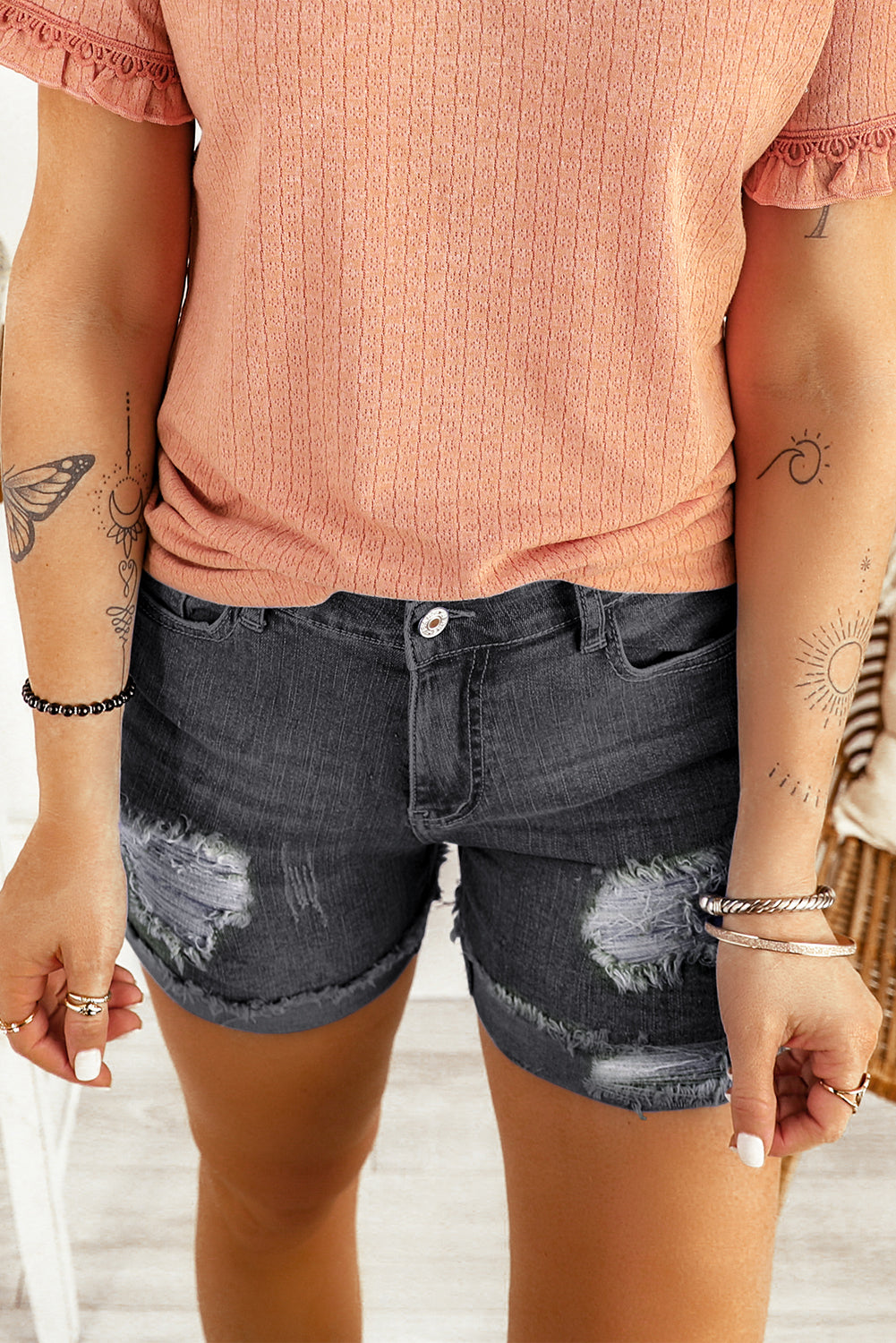 Dark Blue Casual Ripped Rolled Hem Denim Shorts