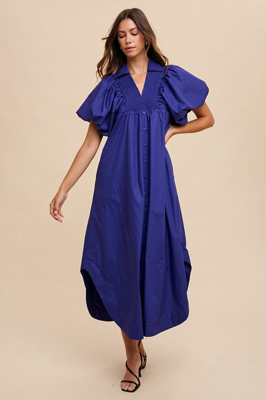 Navy Annie Wear Smocked Puff Sleeve Midi Dress