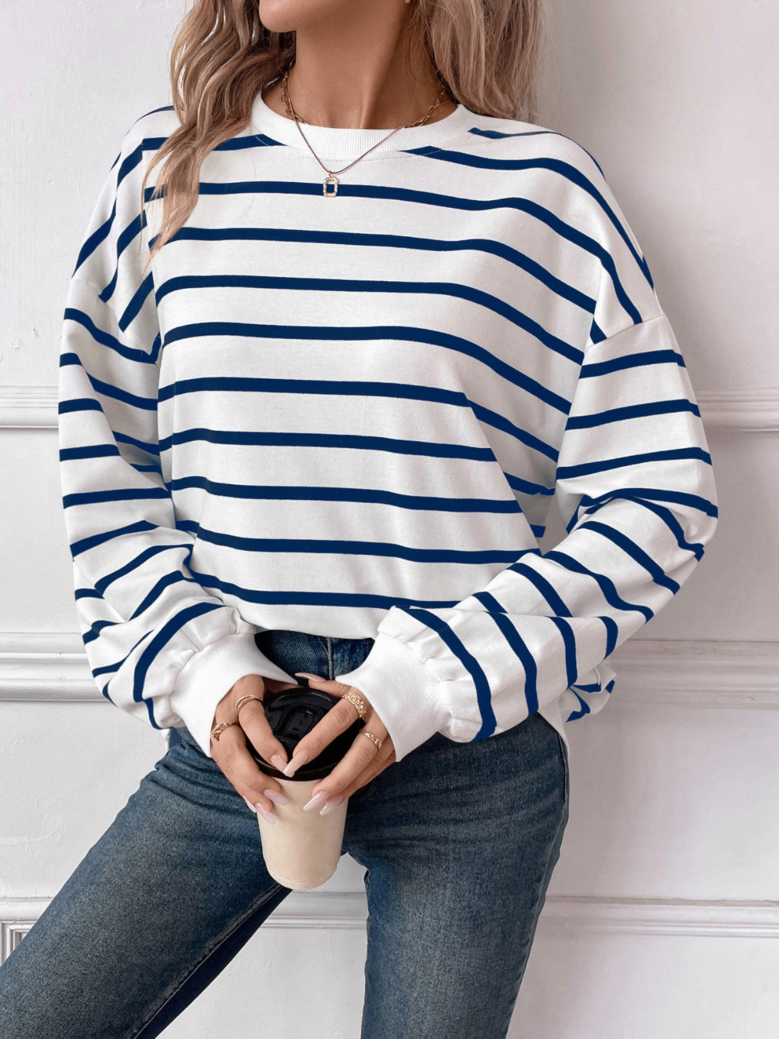 Lovelet Striped Round Neck Long Sleeve Sweatshirt