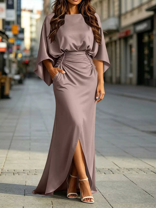 Ruched Waist Maxi Dress with Pockets in Multicolor
