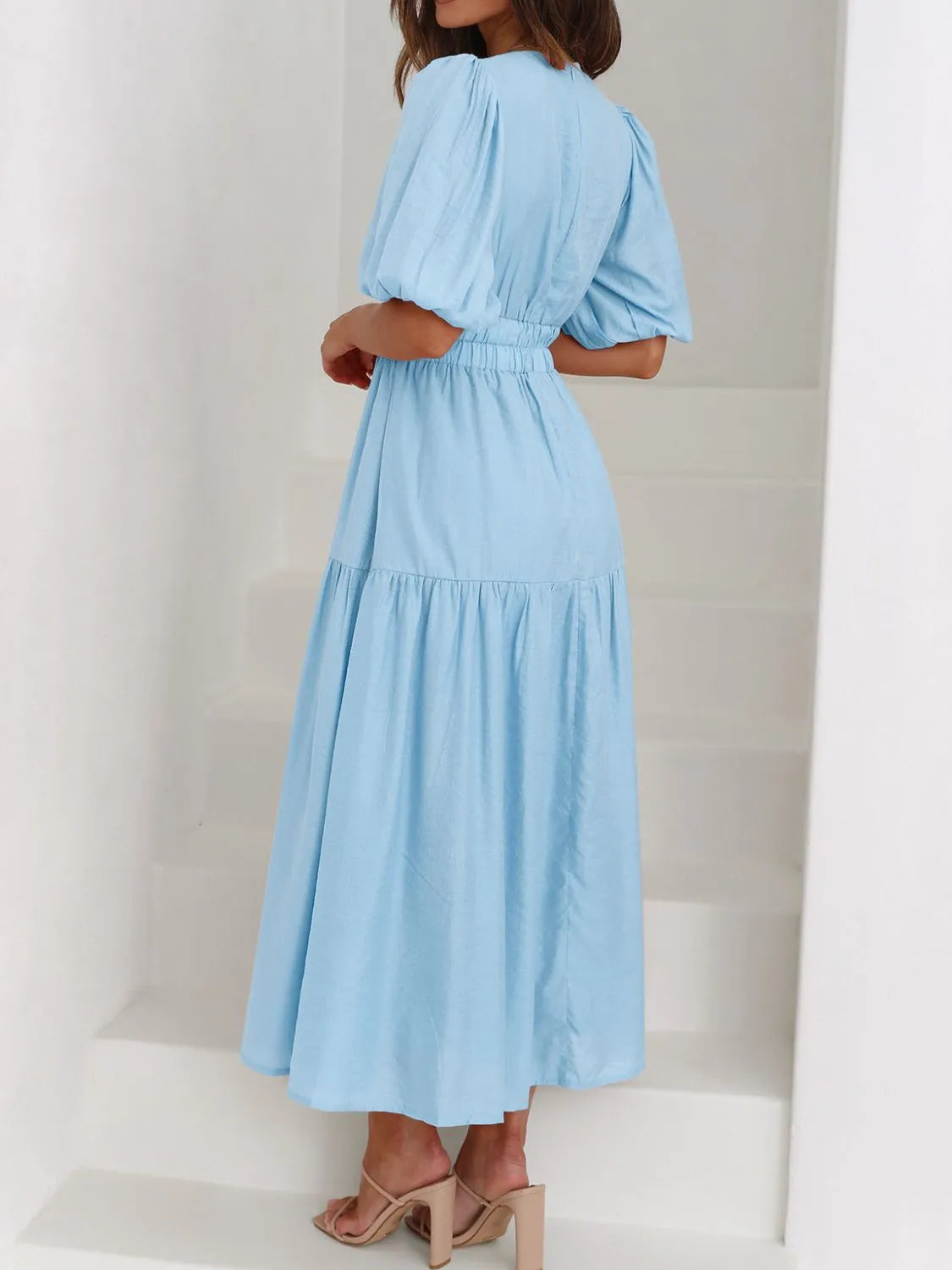 V-Neck Puff Sleeve Midi Dress  Shop One Place
