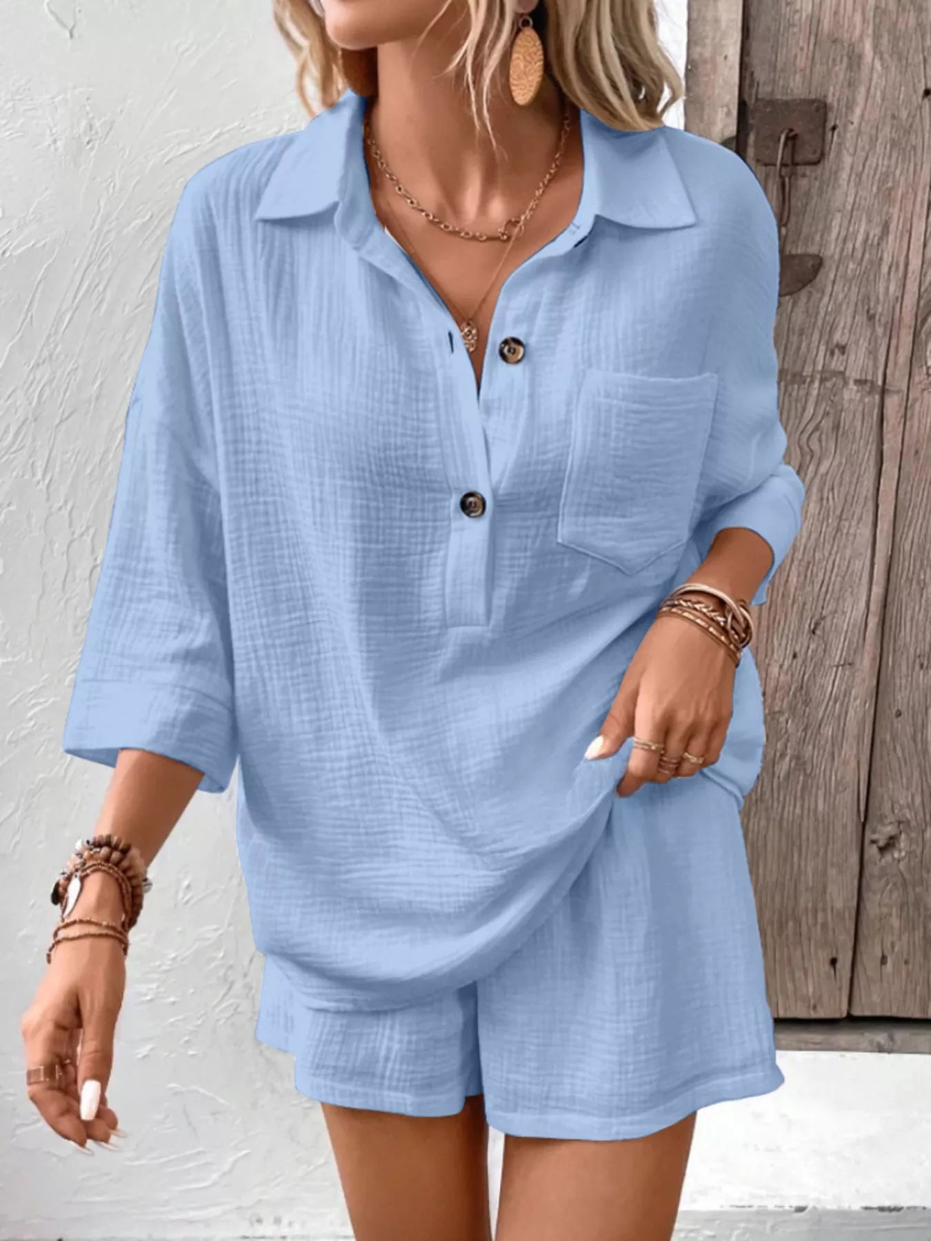 Button Detail Top and Shorts Set  Shop One Place