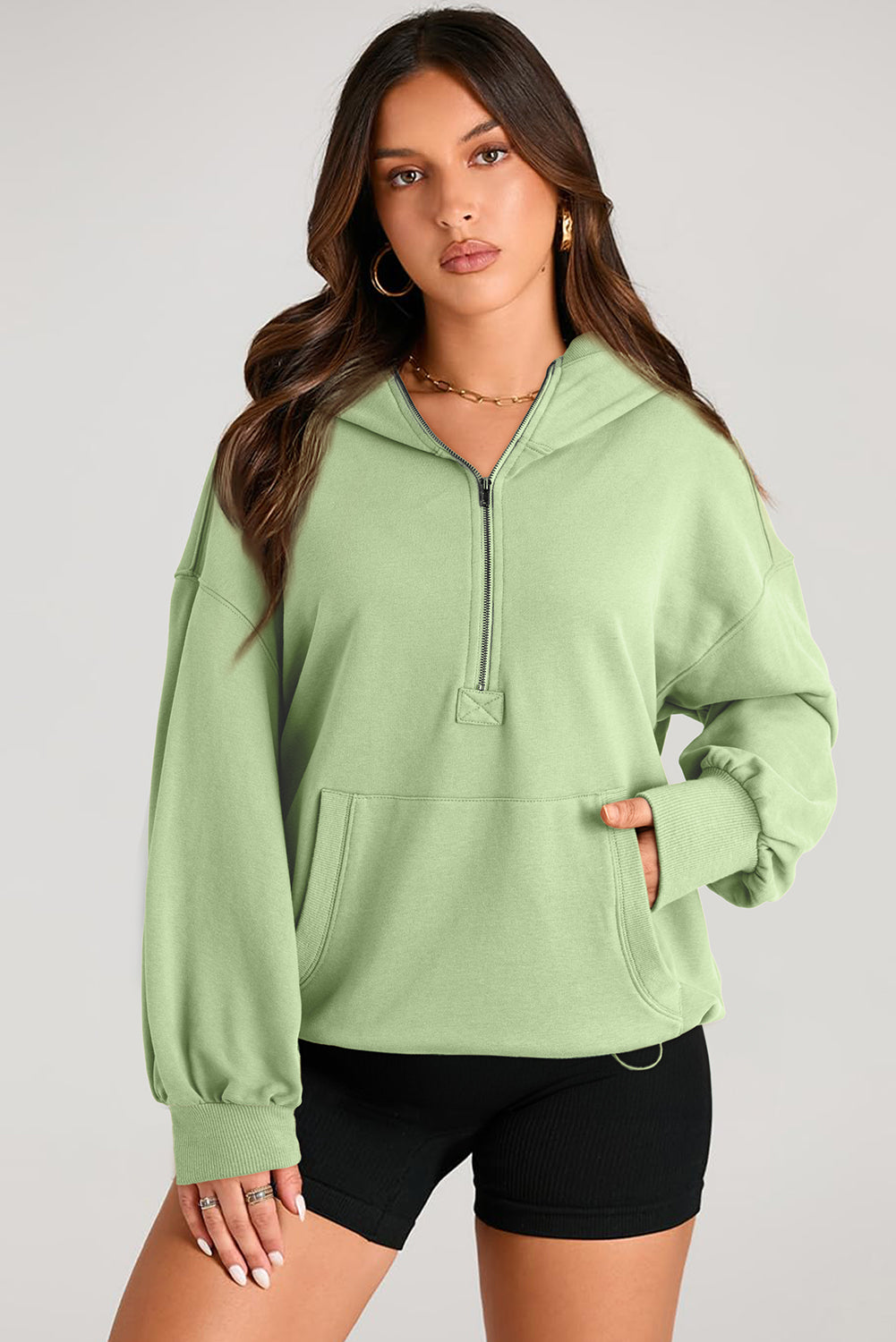 Moss Green Kangaroo Pocket Half Zipper Oversized Hoodie