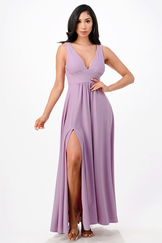 Dull tricot deep V neck A line dress  Shop One Place