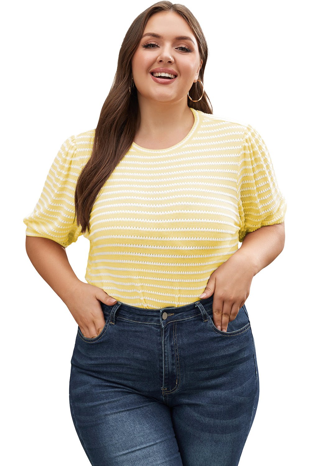 Yellow Stripe Short Puff Sleeve Plus Size Top