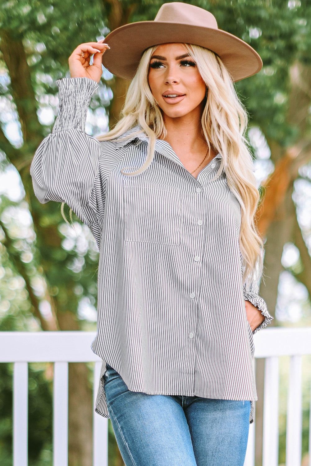 Light Blue Striped Casual Shirred Cuffs Shirt