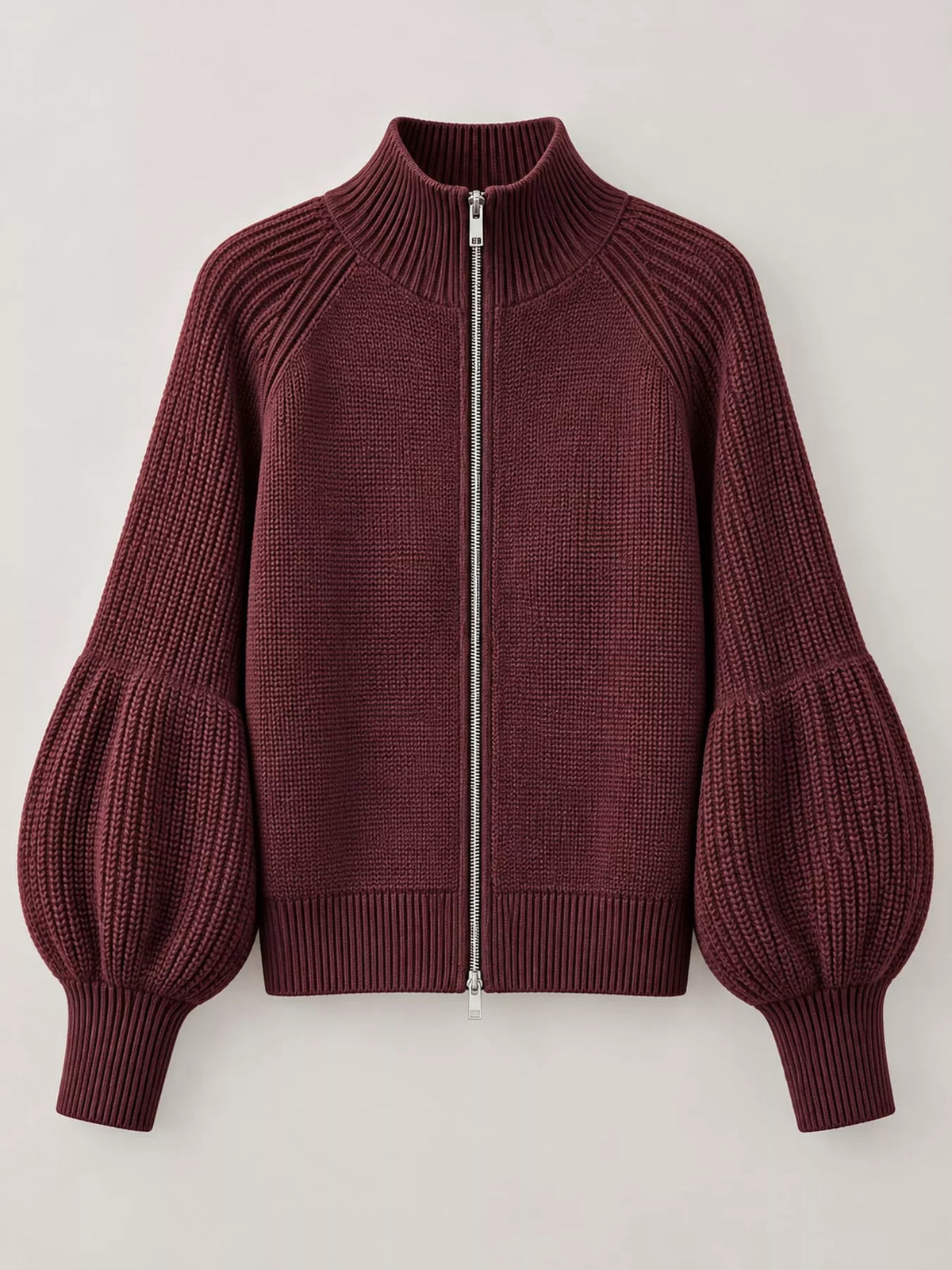 Women's Ribbed Knit Zip-Up Cardigan with Lantern Sleeves – view 4