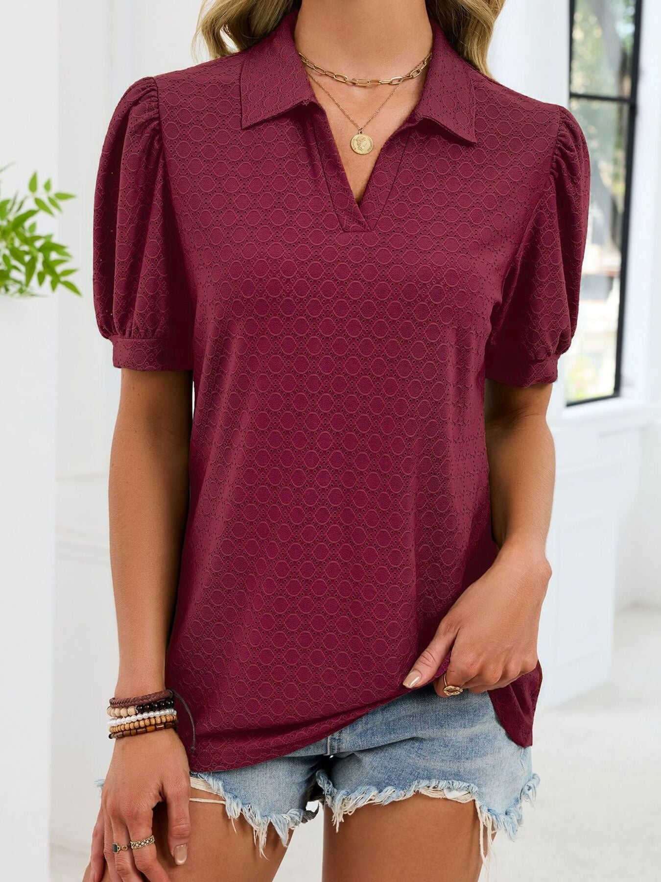 Eyelet Johnny Collar Puff Sleeve Top  Shop One Place