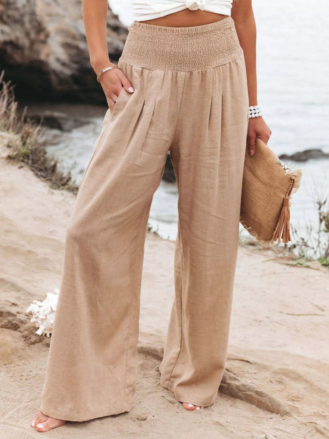 Smocked High Waisted Wide Leg Pants  Shop One Place