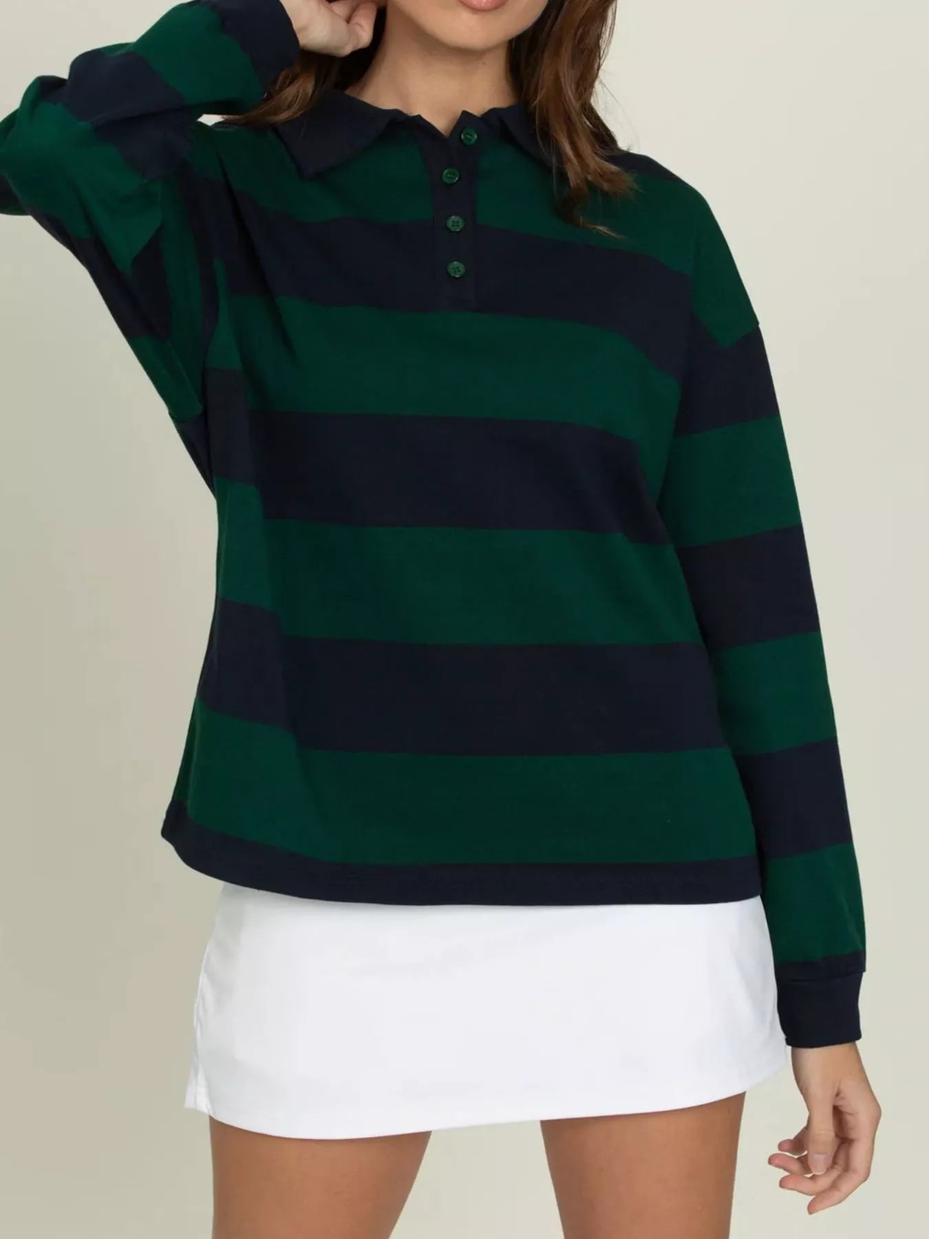 Striped Polo Collar Sweatshirt with Button Details  Shop One Place