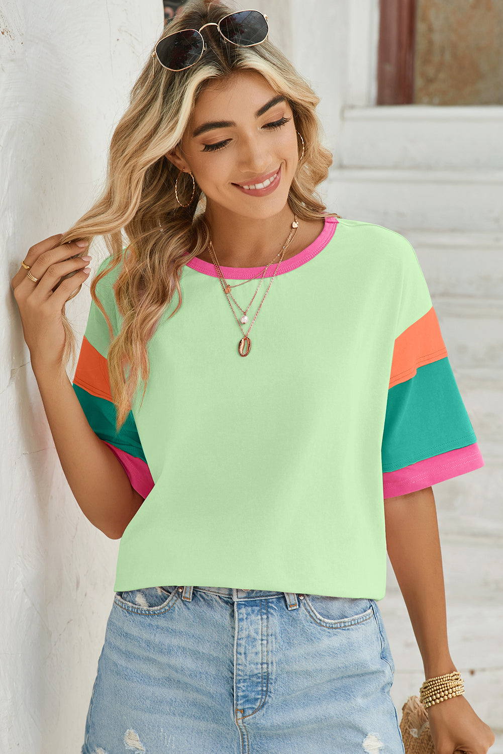 Green Color Block Sleeve Round Neck Oversize Top  Shop One Place
