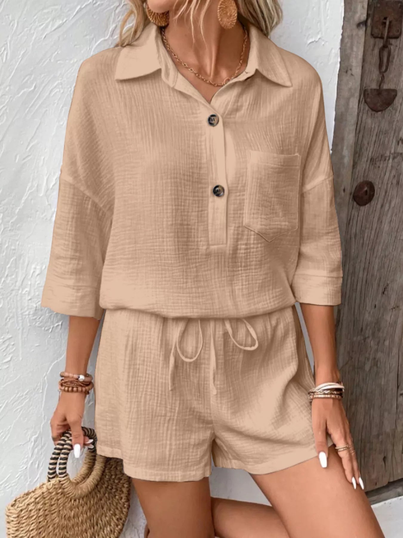 Button Detail Top and Shorts Set  Shop One Place