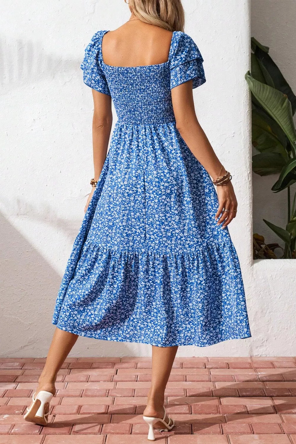 Ditsy Floral Print Smocked Square Neck Ruffle Short Sleeve Dress  Shop One Place