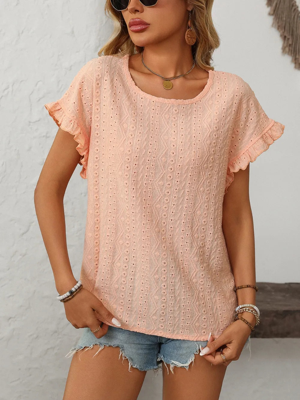 Mandy Eyelet Round Neck Short Sleeve Top  Shop One Place