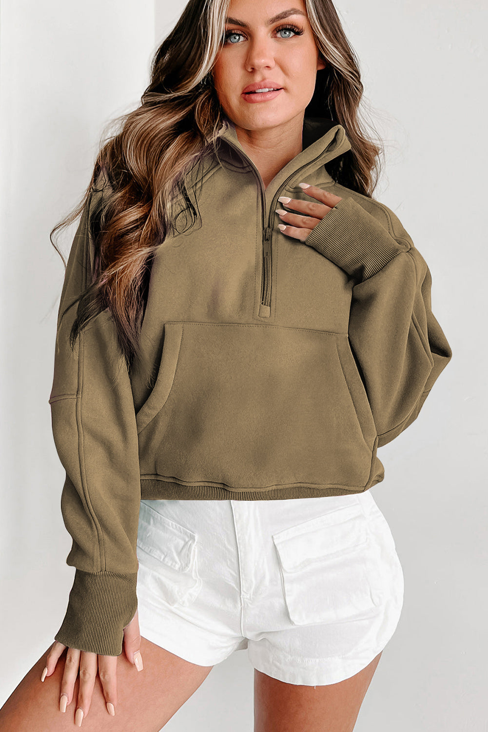 Zip Up Stand Collar Ribbed Thumbhole Sleeve Sweatshirt