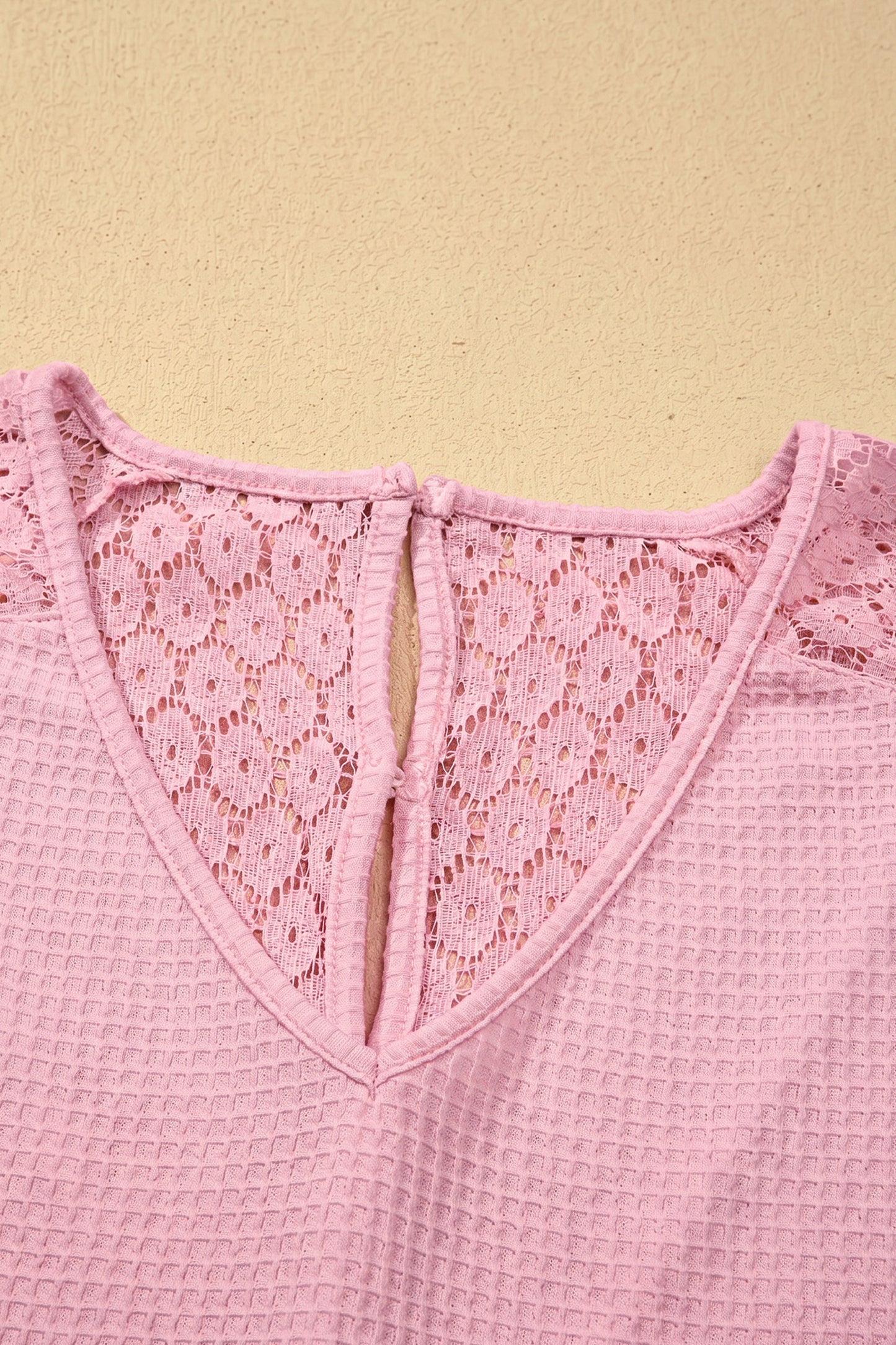 Pink Lace Splicing Button Cutout V Neck Waffle Knit Blouse  Shop One Place