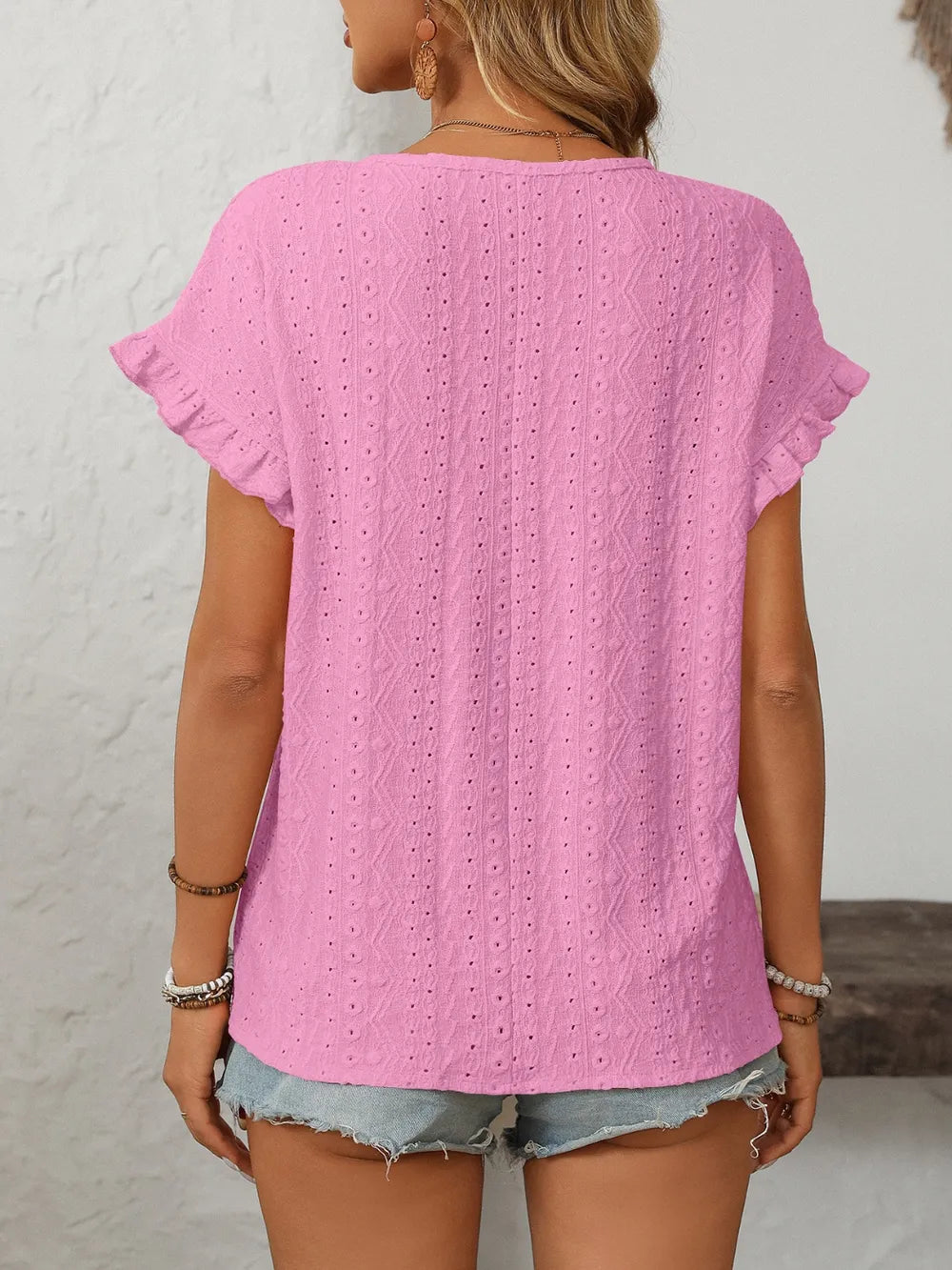 Mandy Eyelet Round Neck Short Sleeve Top  Shop One Place