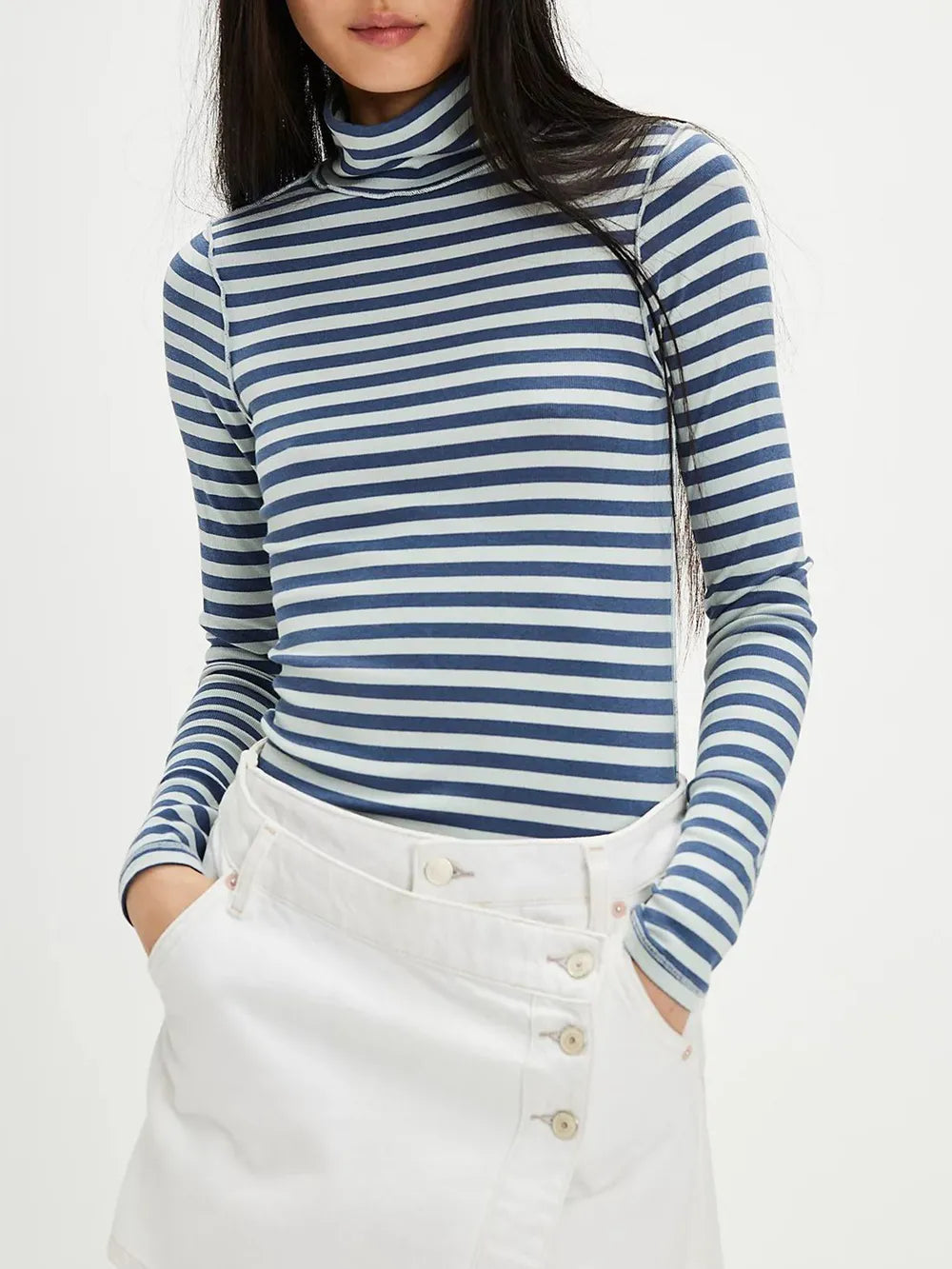 Exposed Seam Striped Turtleneck Long Sleeve T-Shirt  Shop One Place