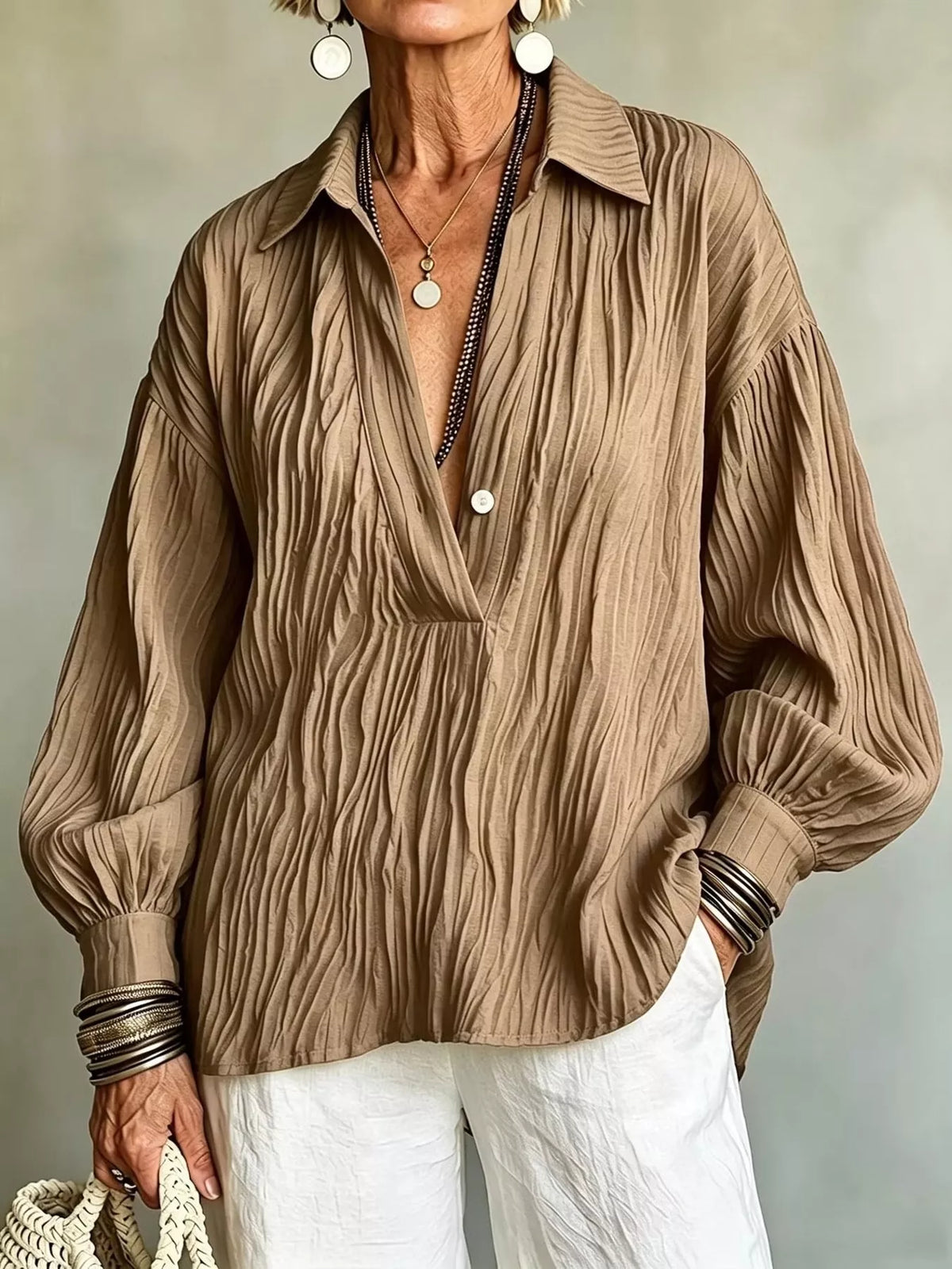 Women's Textured Long Sleeve Button Blouse