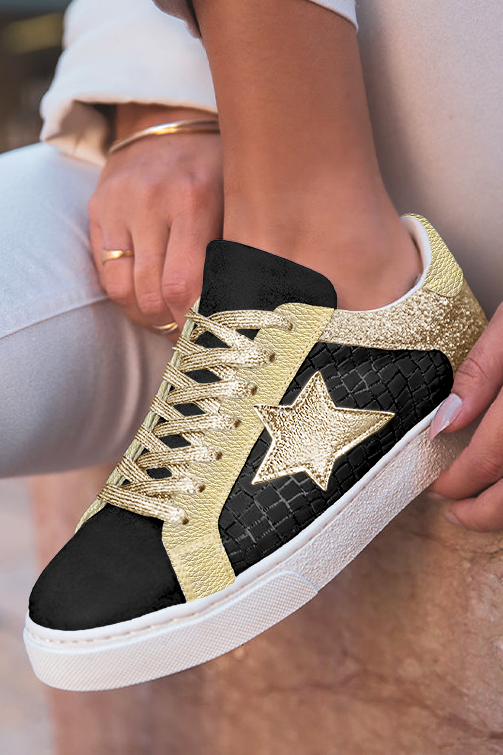 Gold Glitter Star Patchwork PU Leather Lace-up Sneakers  Shop One Place