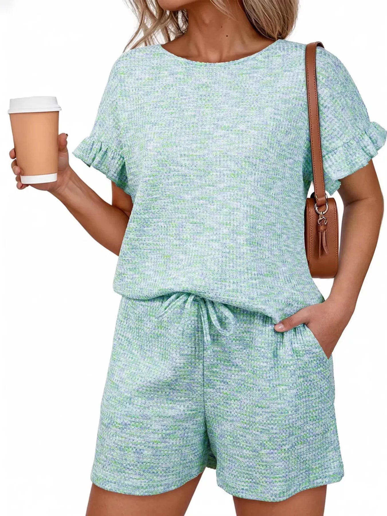 Ruffle Sleeve Textured Top and Shorts Set  Shop One Place