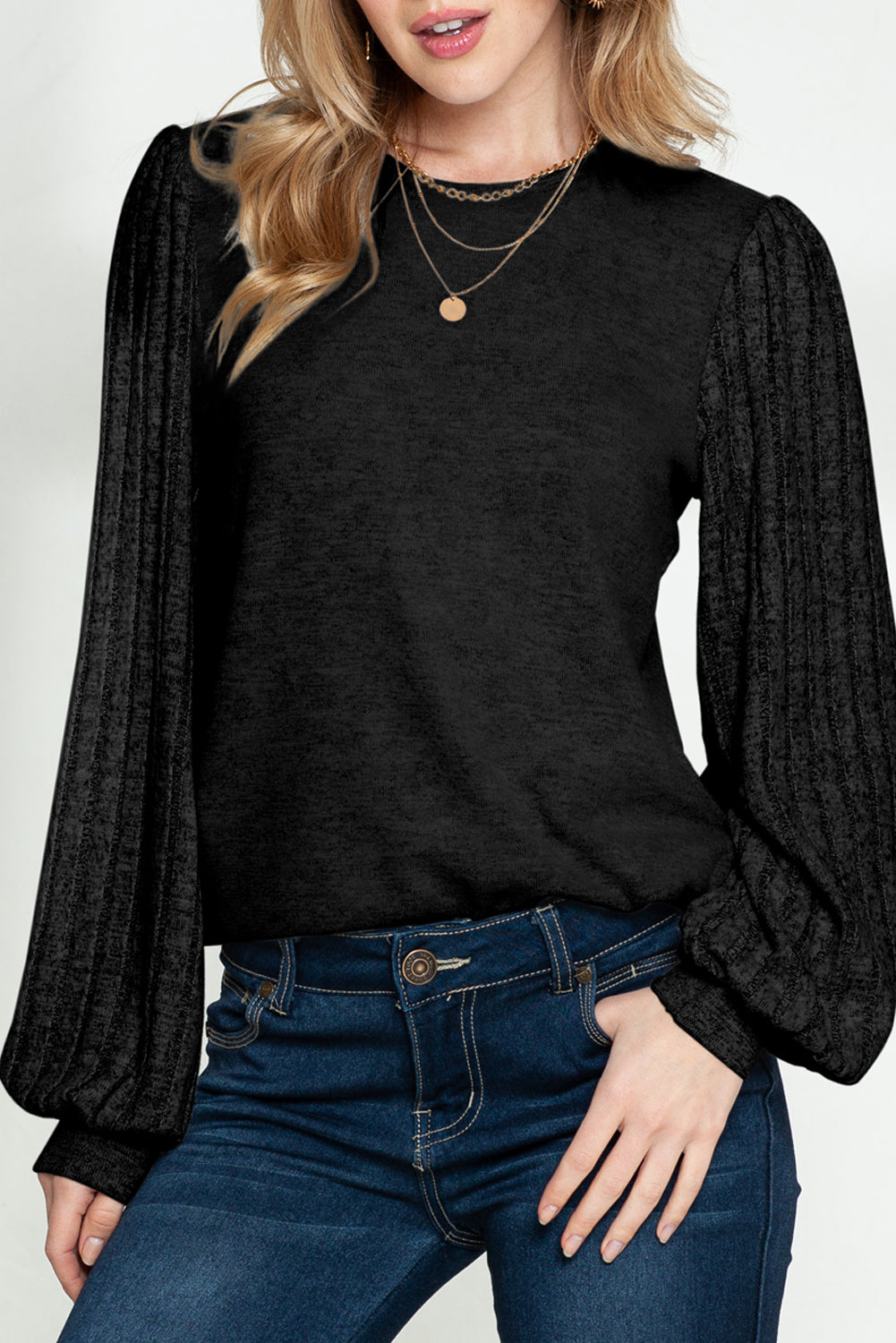 Solid Color Contrast Ribbed Bishop Sleeve Top