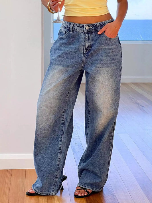 Pocketed Wide leg Jeans  Shop One Place