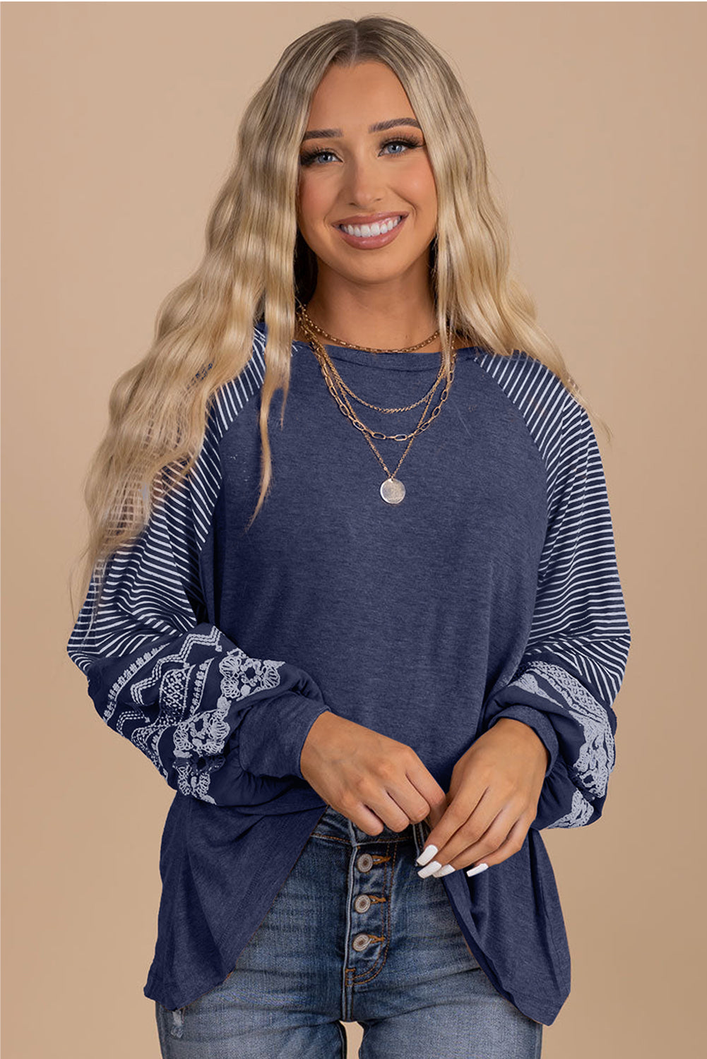 Contrast Print Striped Raglan Long Sleeve Loose Top  Shop One Place