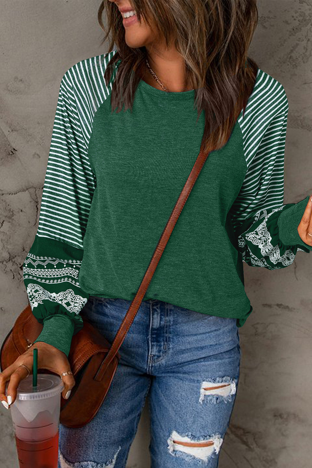 Contrast Print Striped Raglan Long Sleeve Loose Top  Shop One Place