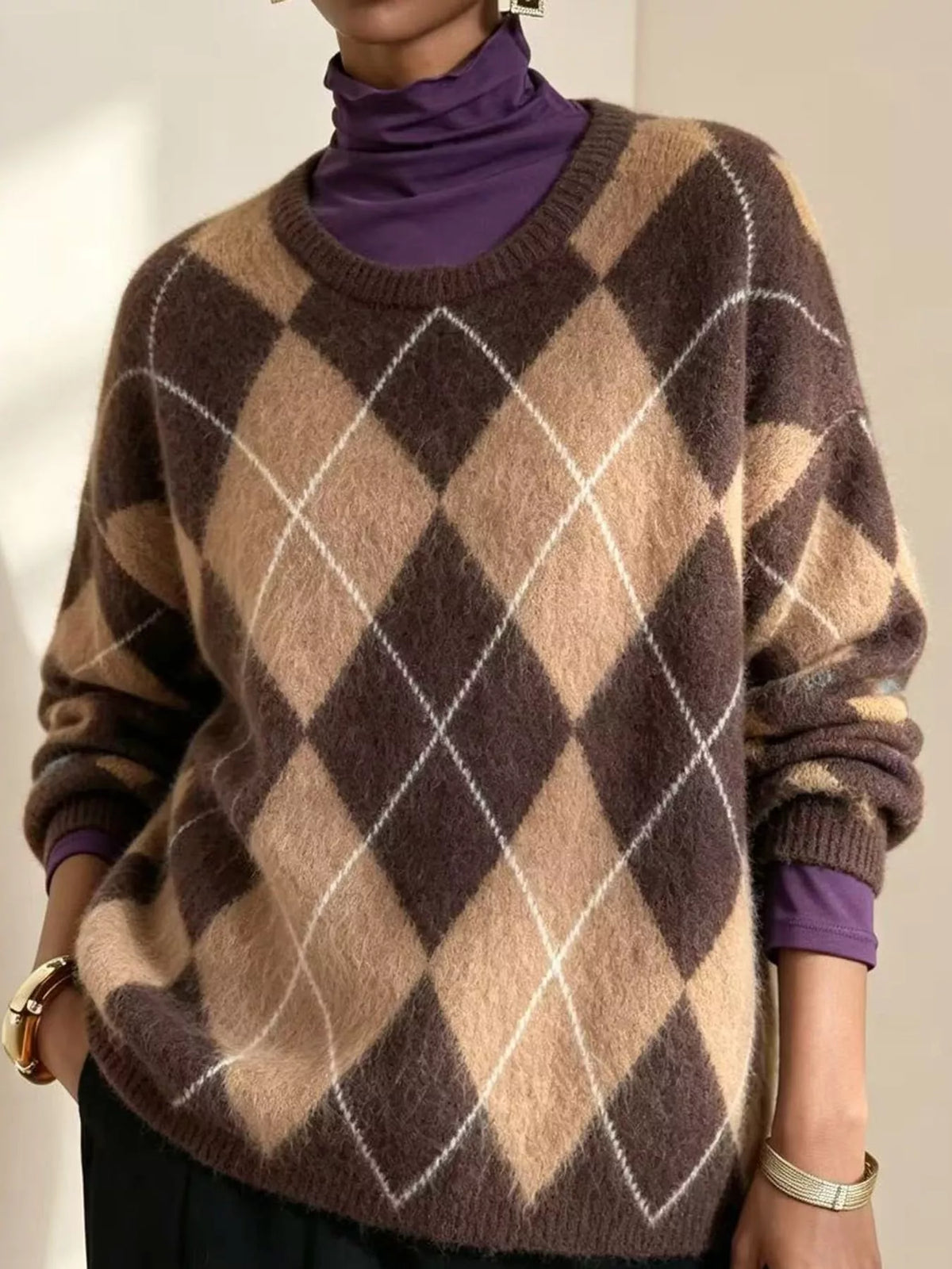 Women's Argyle Fuzzy Knit Sweater – view 7