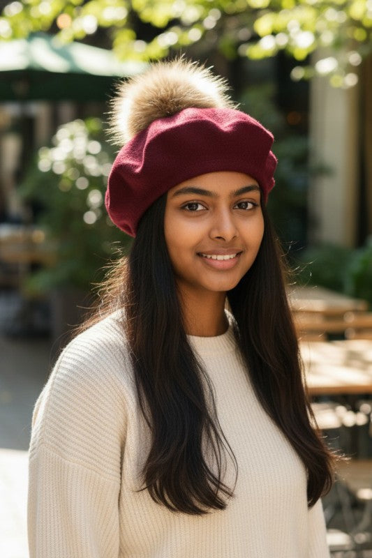 Genuine Fur Pom Cashmere Beret  Shop One Place