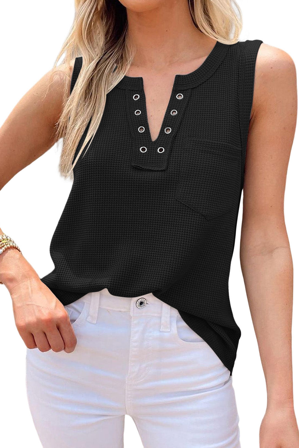 Black Basic Notched Neck Pocket Waffle Knit Tank Top