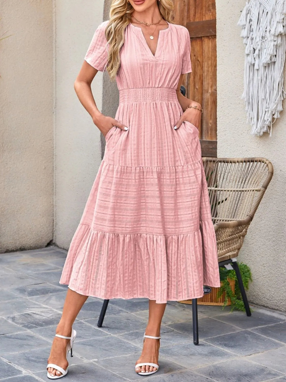 Tiered Notched Short Sleeve Dress  Shop One Place