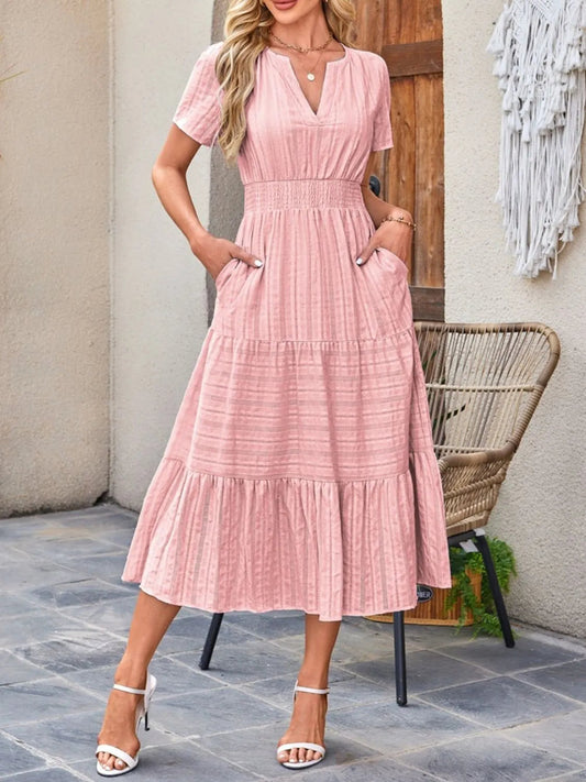 Tiered Notched Short Sleeve Dress  Shop One Place