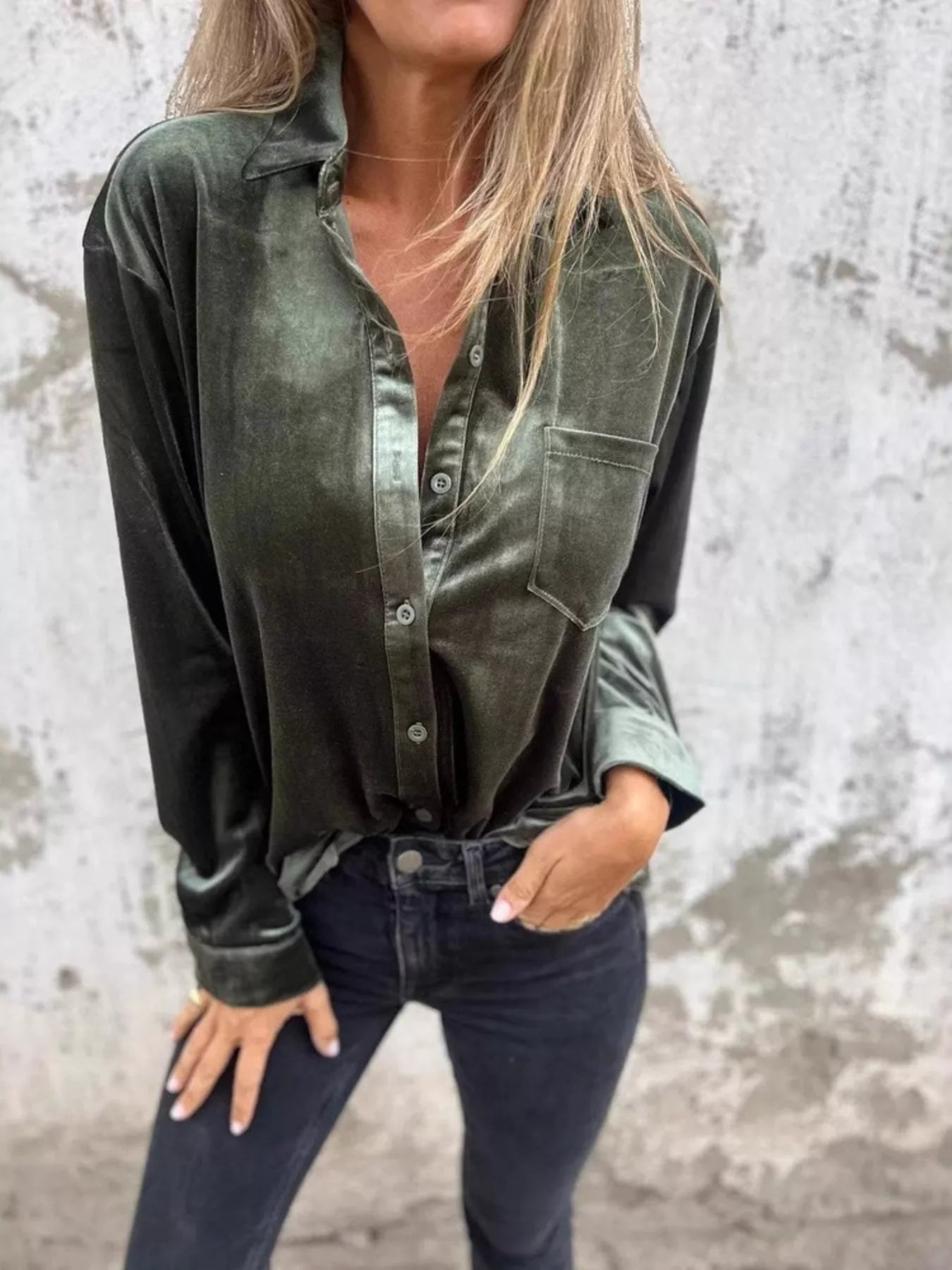 Full Size Velvet Button-Up Long Sleeve Shirt Plus Size  Shop One Place
