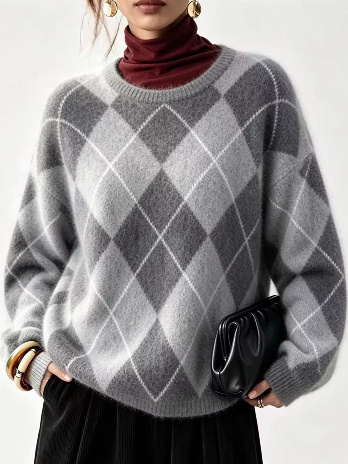 Women's Argyle Fuzzy Knit Sweater – view 19