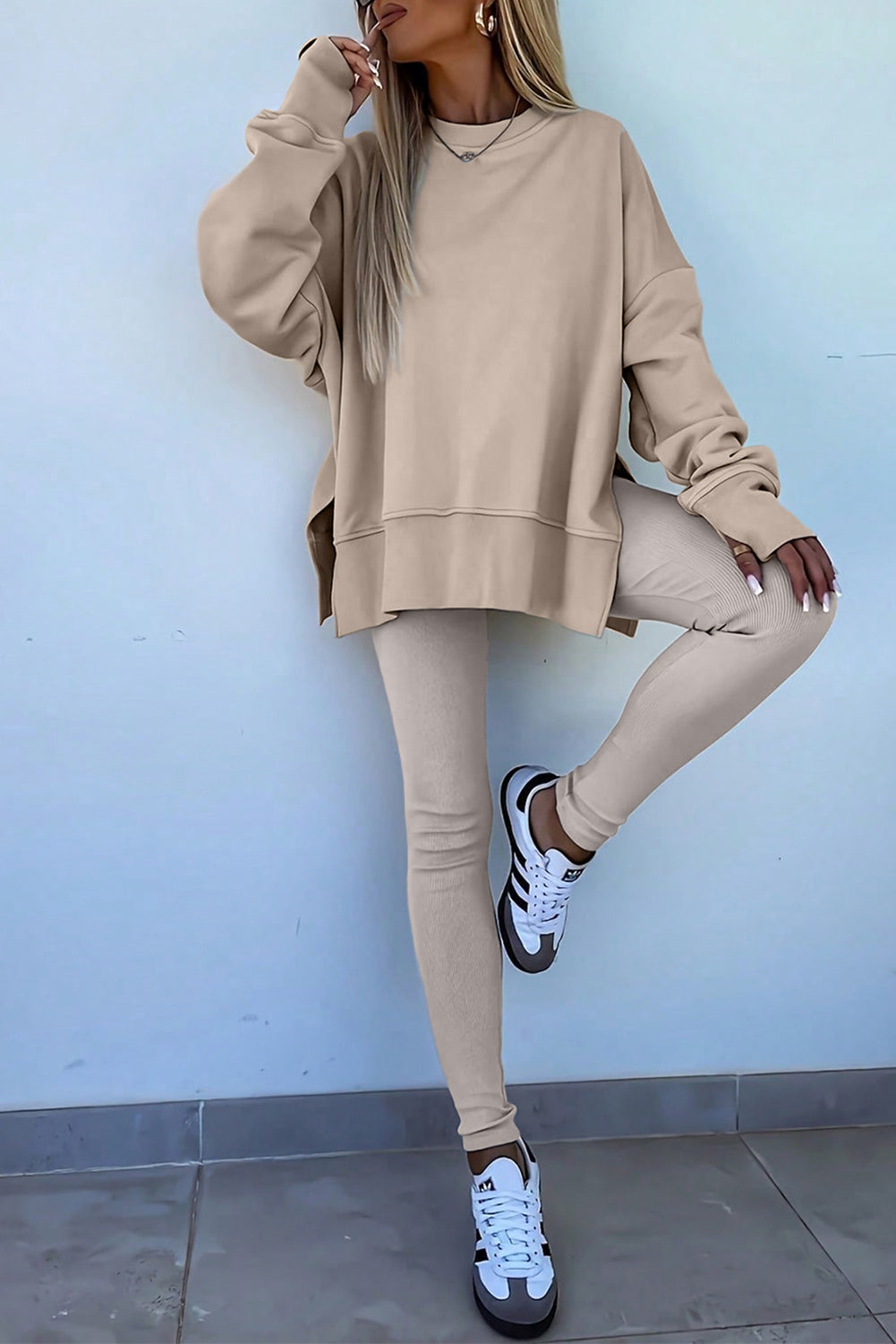 Green Bay Solid Color Oversize Slit Sweatshirt Ribbed Leggings Set  Shop One Place
