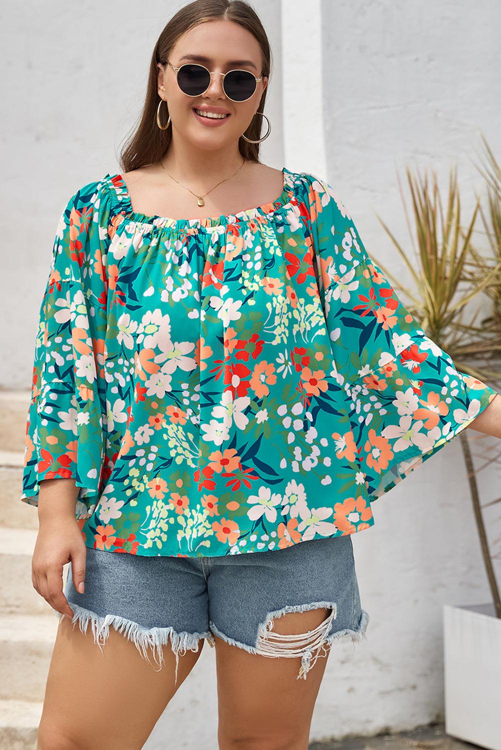 Green Floral Print Frilled Off Shoulder Plus Size Blouse