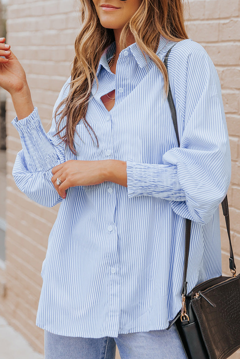 Light Blue Striped Casual Shirred Cuffs Shirt