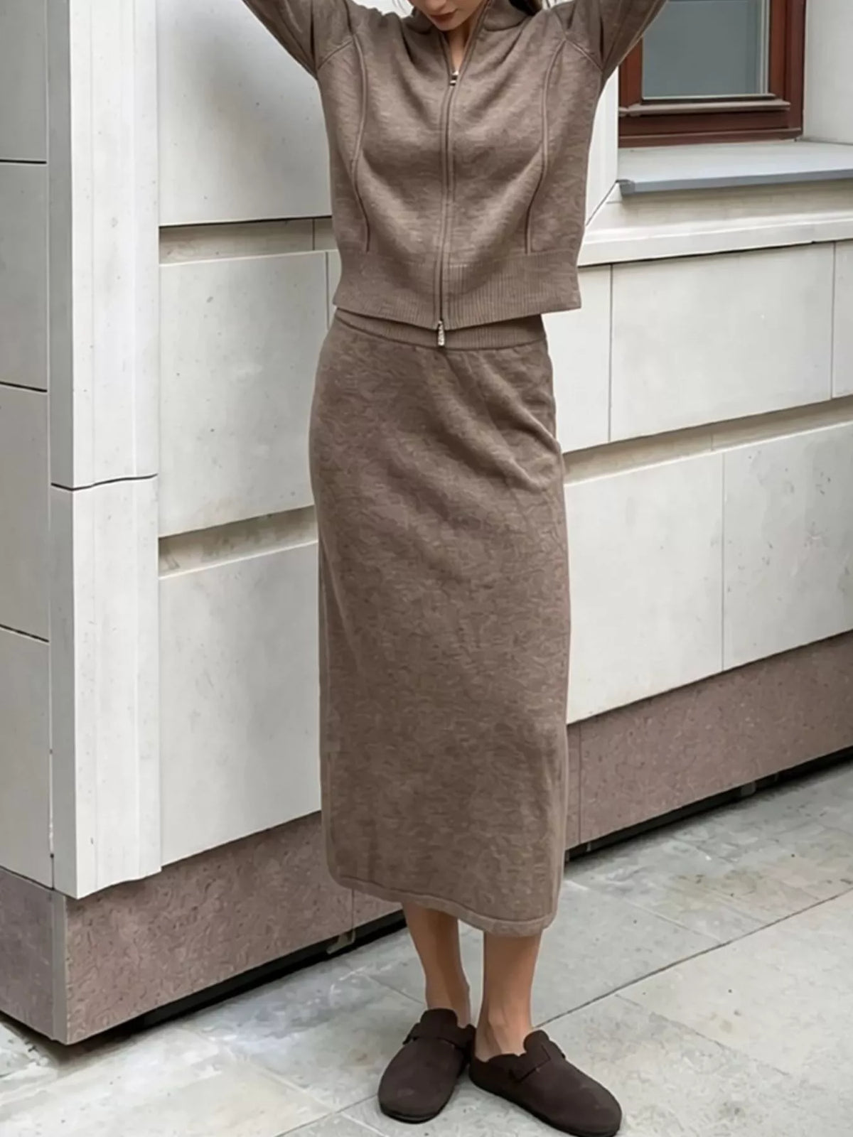 Zip-Up Mock Neck Cardigan and Matching Midi Skirt Sweater Set  Shop One Place