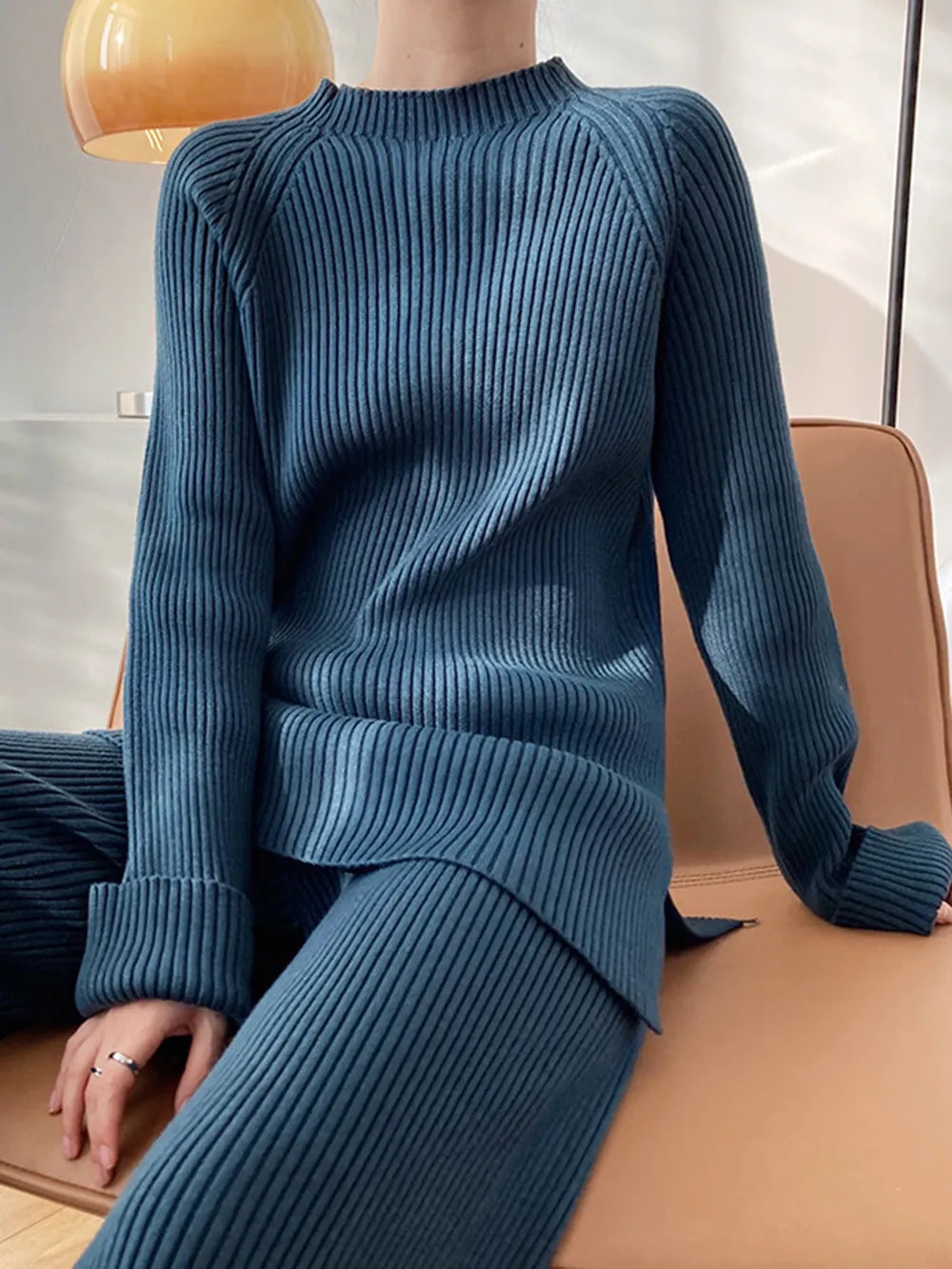 Mock Neck Raglan Sleeve Top and Pants Sweater Set  Shop One Place