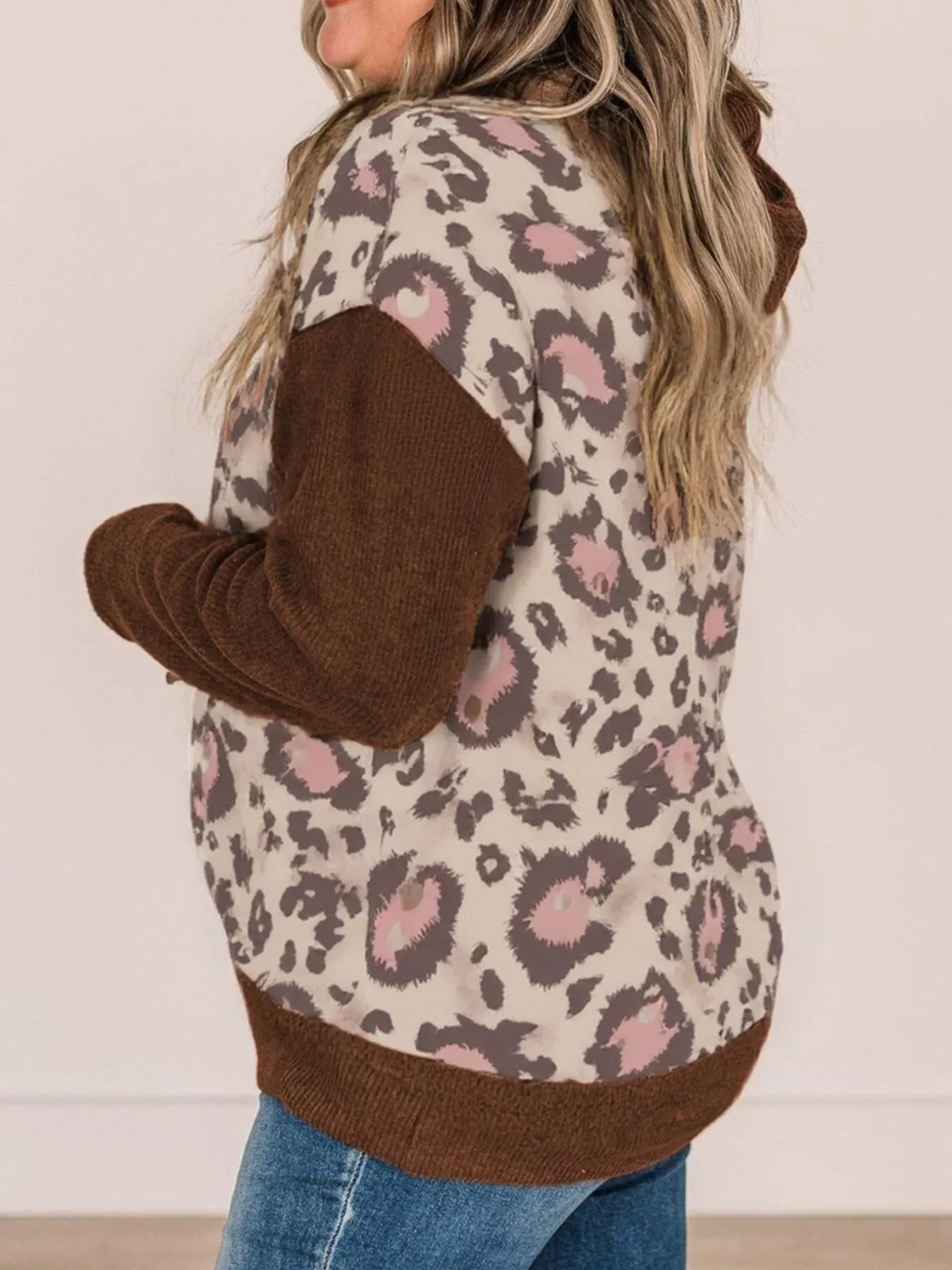 Plus Size Leopard Long Sleeve Drawstring Hoodie  Shop One Place