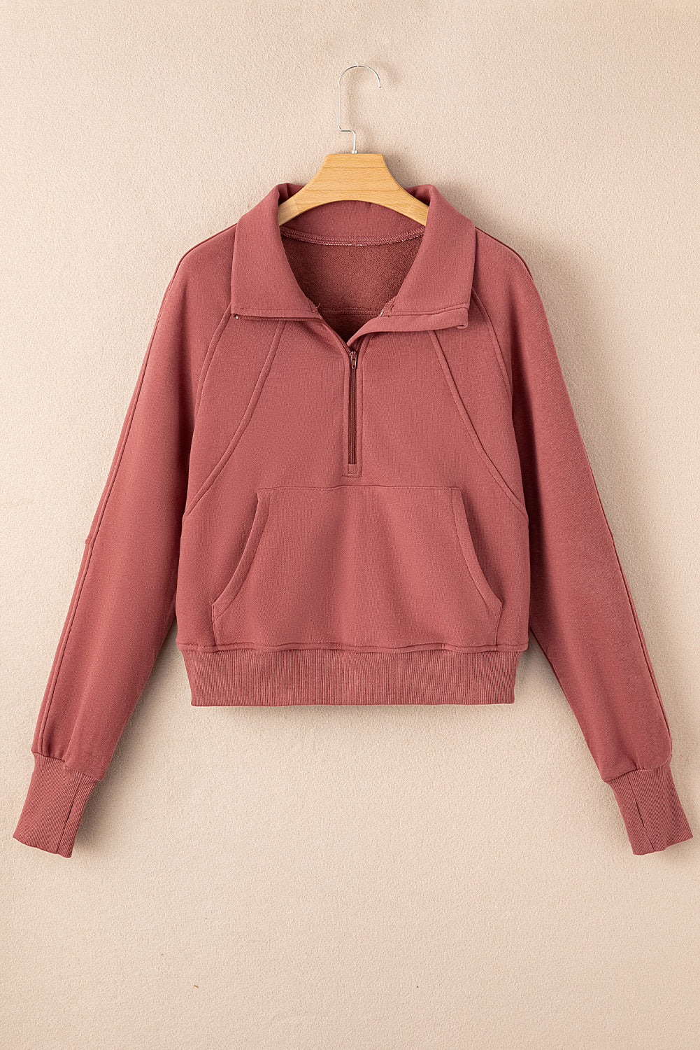 Zip Up Stand Collar Ribbed Thumbhole Sleeve Sweatshirt