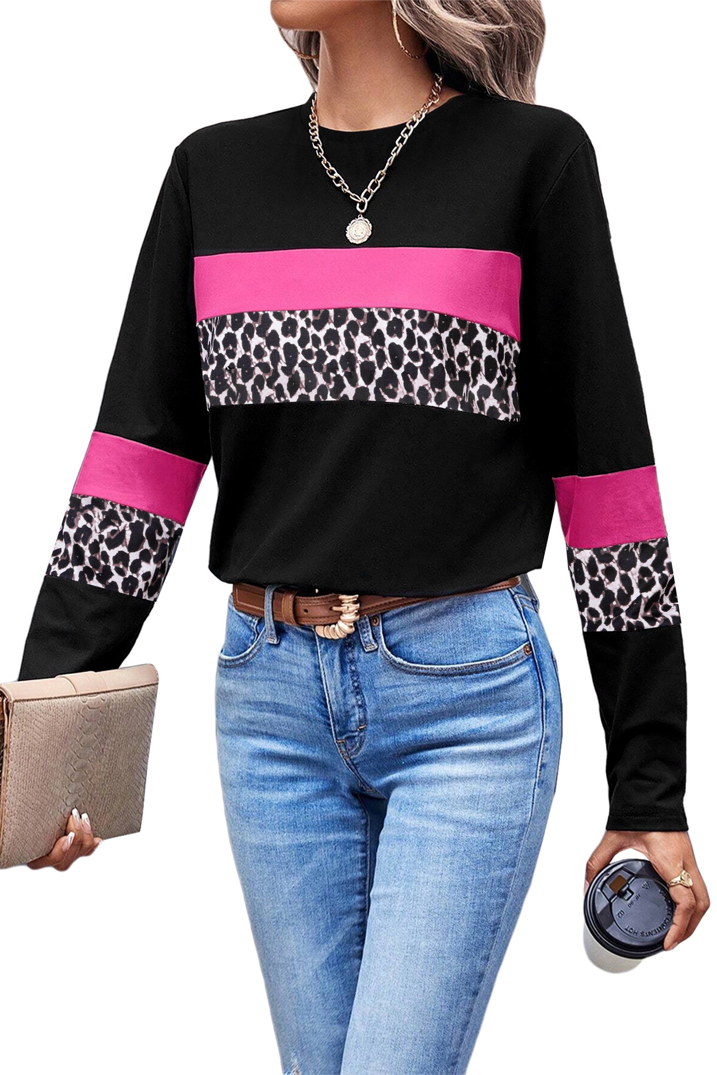 Khaki Leopard Colorblock Patchwork Crew Neck Top