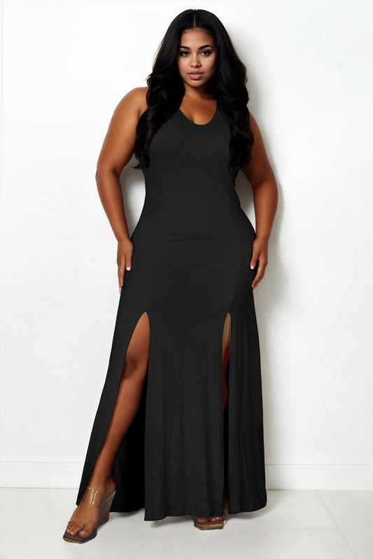 Plus Size Plunge Neck Thigh Split Maxi Dress  Shop One Place