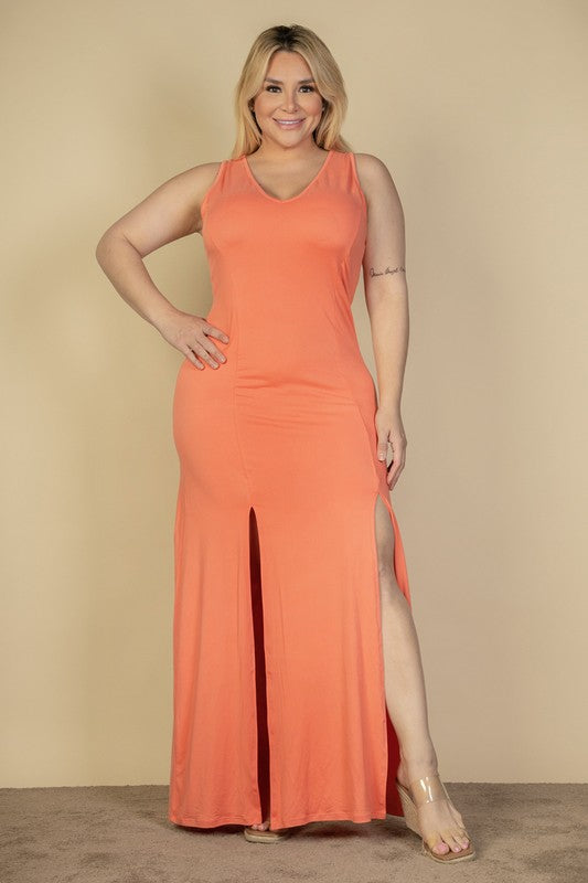 Plus Size Plunge Neck Thigh Split Maxi Dress  Shop One Place