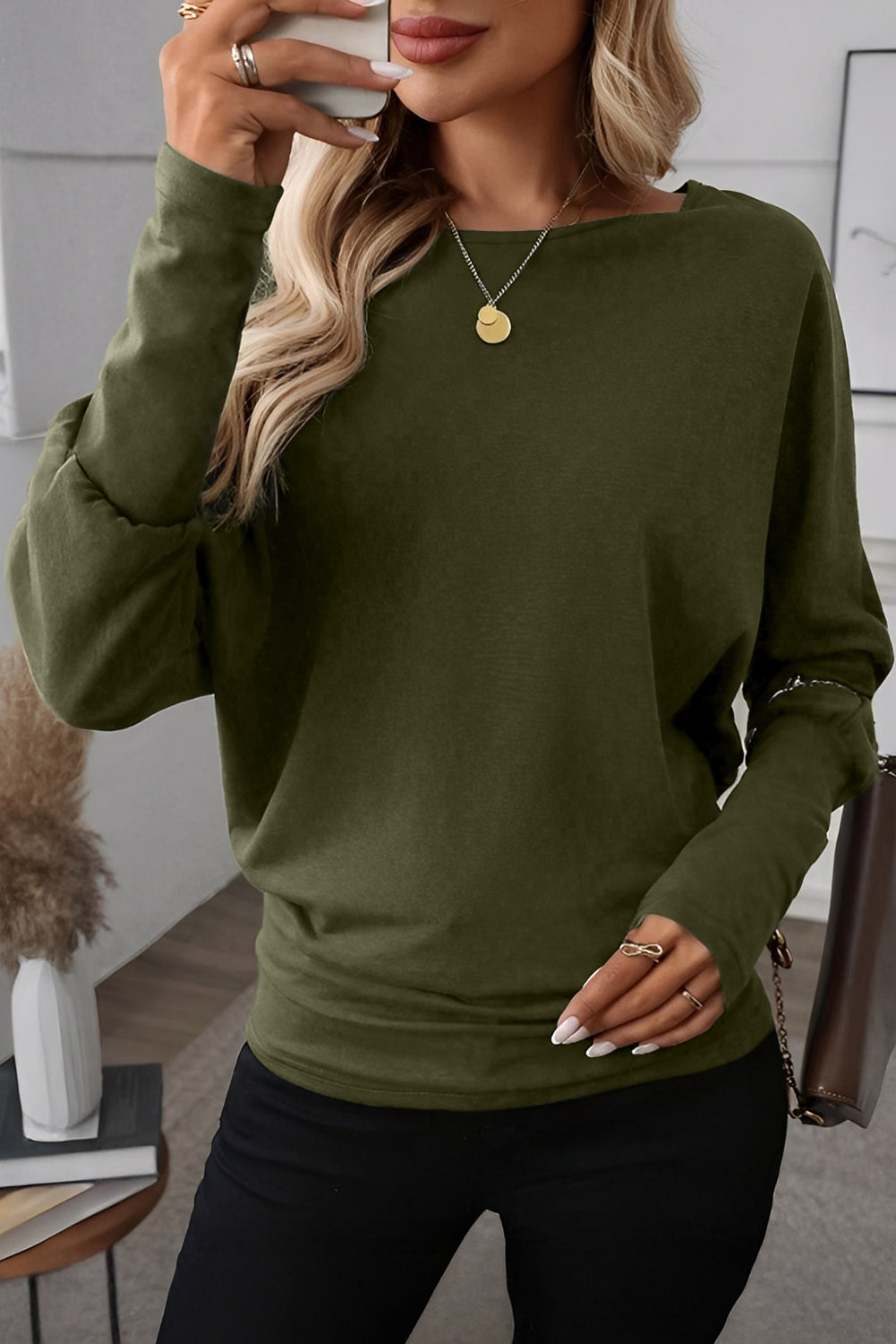 Green Solid Color Round Neck Dolman Sleeve Top  Shop One Place
