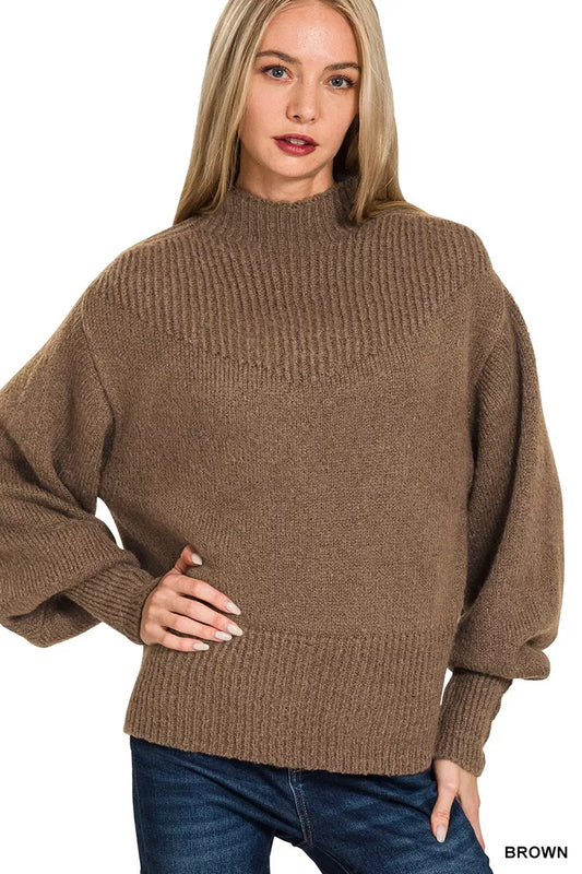 Zenana Balloon Sleeve Mock Neck Sweater  Shop One Place