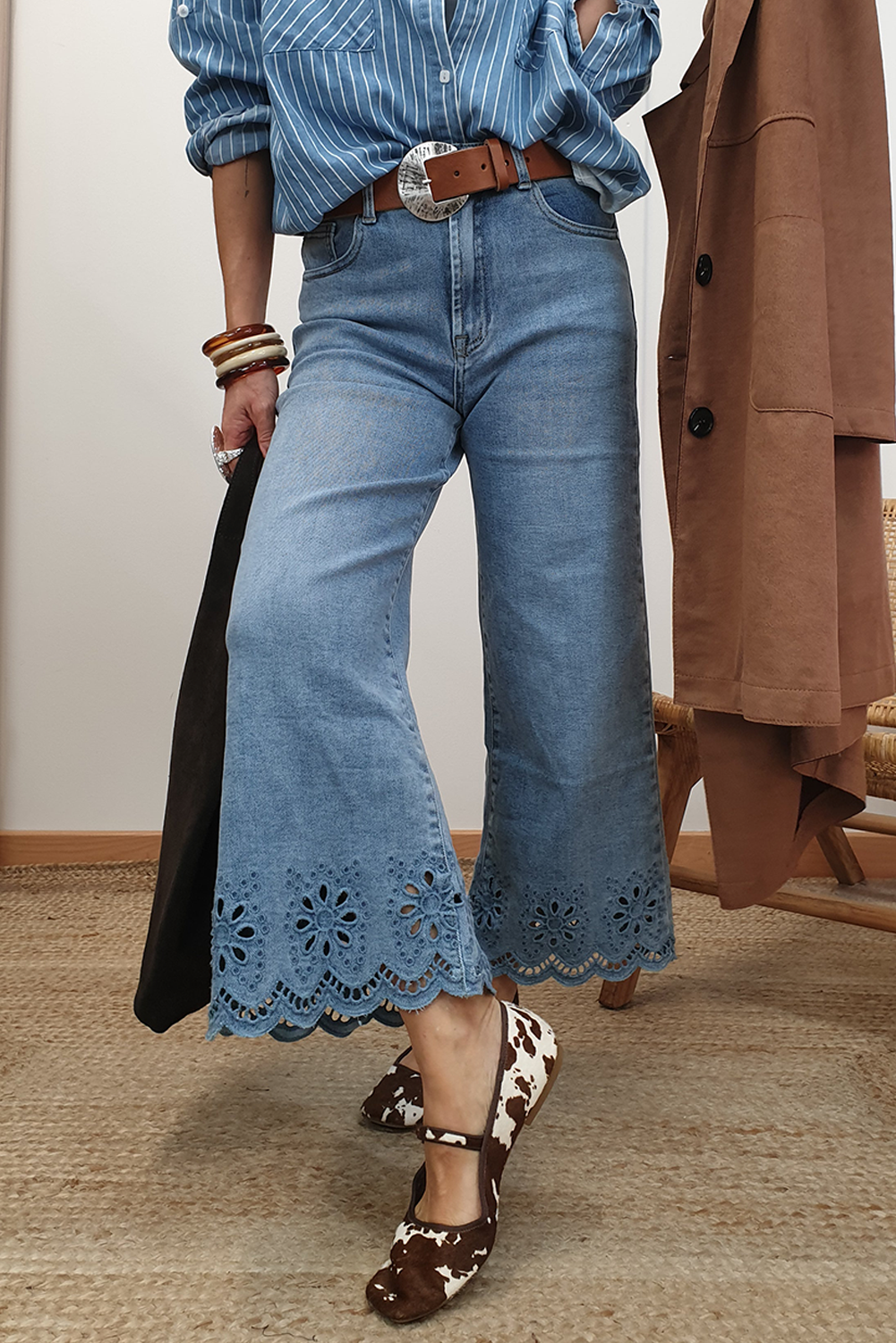 Dusk Blue Embroidered Cropped Wide Leg High Waist Jeans  Shop One Place