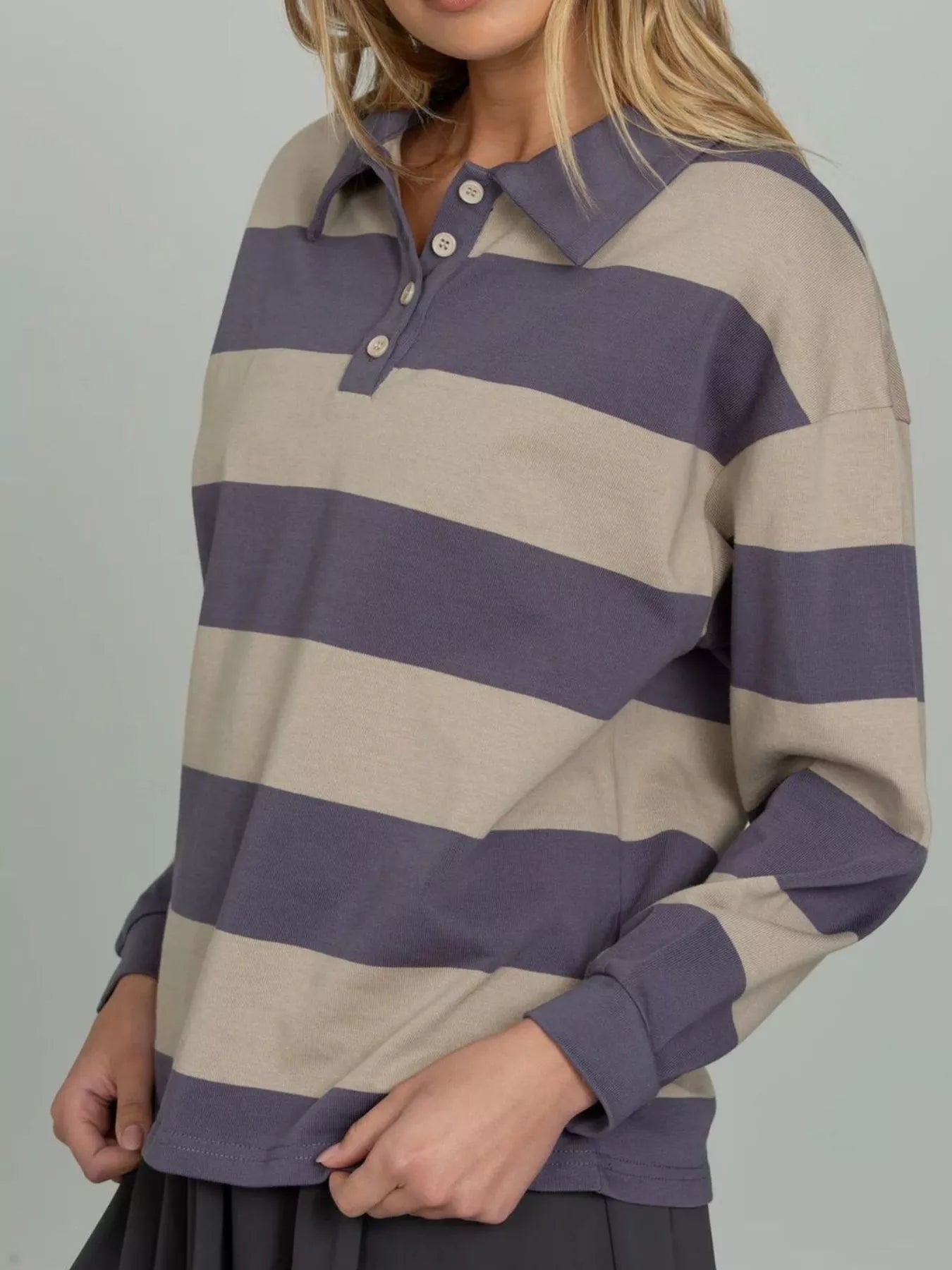Striped Polo Collar Sweatshirt with Button Details  Shop One Place